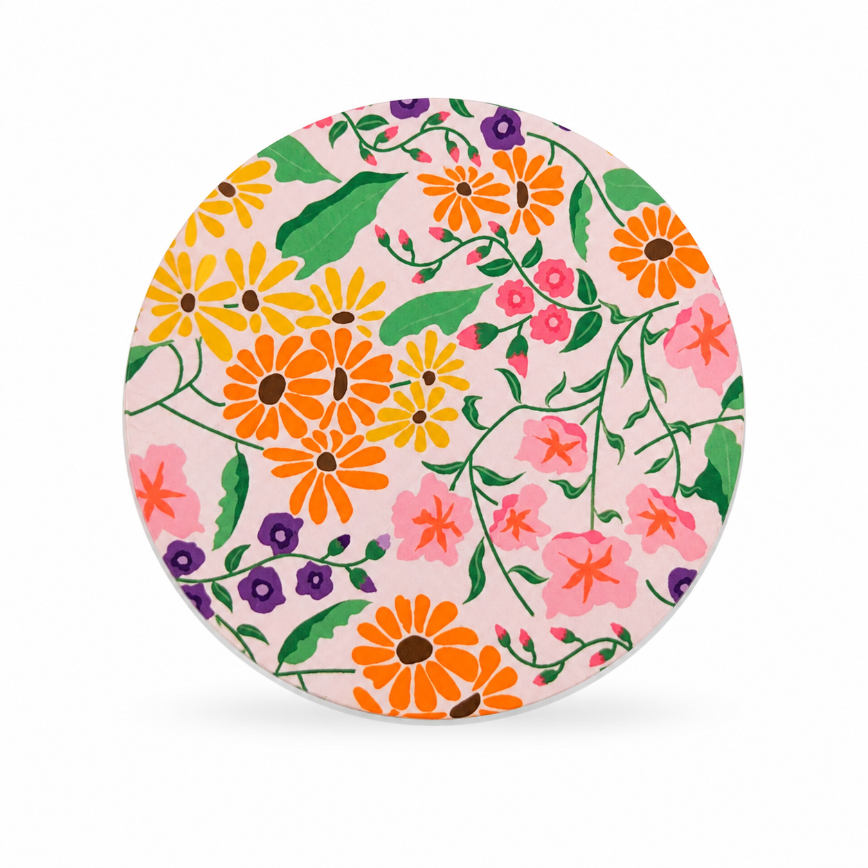 Retro wildflower hard board add-on featuring orange, pink, purple, and golden flowers with green leaves, compatible with interchangeable badge reel bases.
