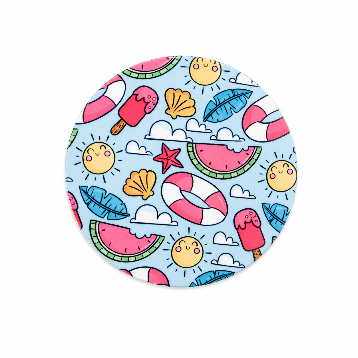 Summer Fun hard board add-on featuring watermelon, popsicles, smiling suns, swim rings, seashells, starfish, clouds, and tropical leaves, compatible with interchangeable badge reel bases.