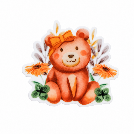 Cute teddy bear plastic add-on with orange bow, flowers, and greenery, compatible with interchangeable badge reel bases, bear lover gift.