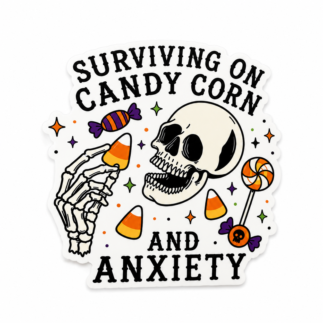 SURVIVING ON CANDY CORN AND ANXIETY plastic add-on with skeleton, candy corn, and Halloween candy, compatible with interchangeable badge reel bases.