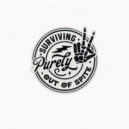 SURVIVING Purely OUT OF SPITE plastic add-on featuring a skeleton peace sign and lightning bolt design, compatible with interchangeable badge reel bases and perfect for sarcasm and dark humor lovers.