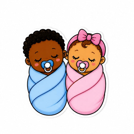 Swaddle baby twins plastic add-on featuring two sleeping newborn babies wrapped in blue and pink swaddles, compatible with interchangeable badge reel bases for NICU and labor delivery staff.