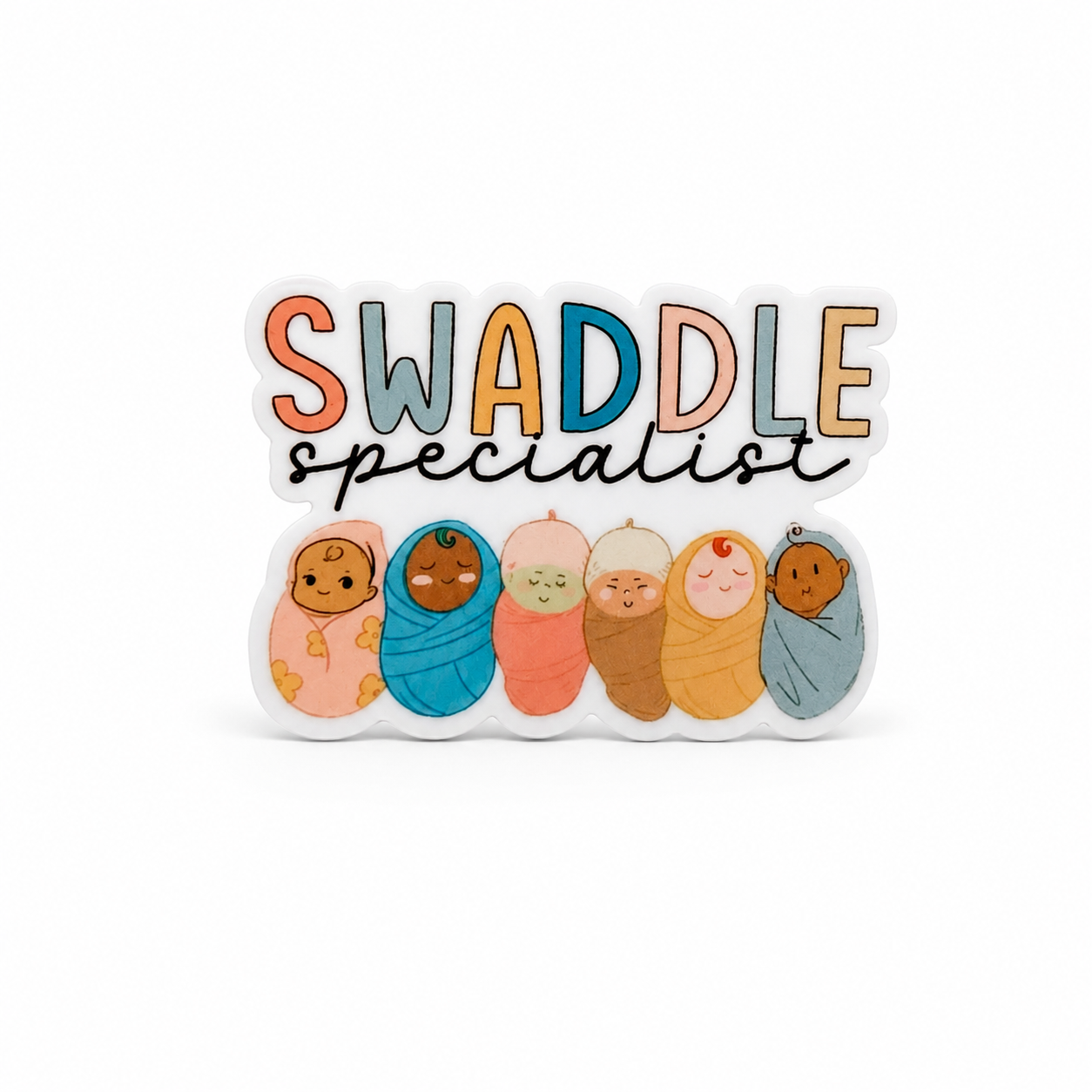 Swaddle Specialist plastic add-on with adorable swaddled babies, compatible with interchangeable badge reel bases, perfect for NICU nurses, newborn nursery staff, and labor and delivery professionals.