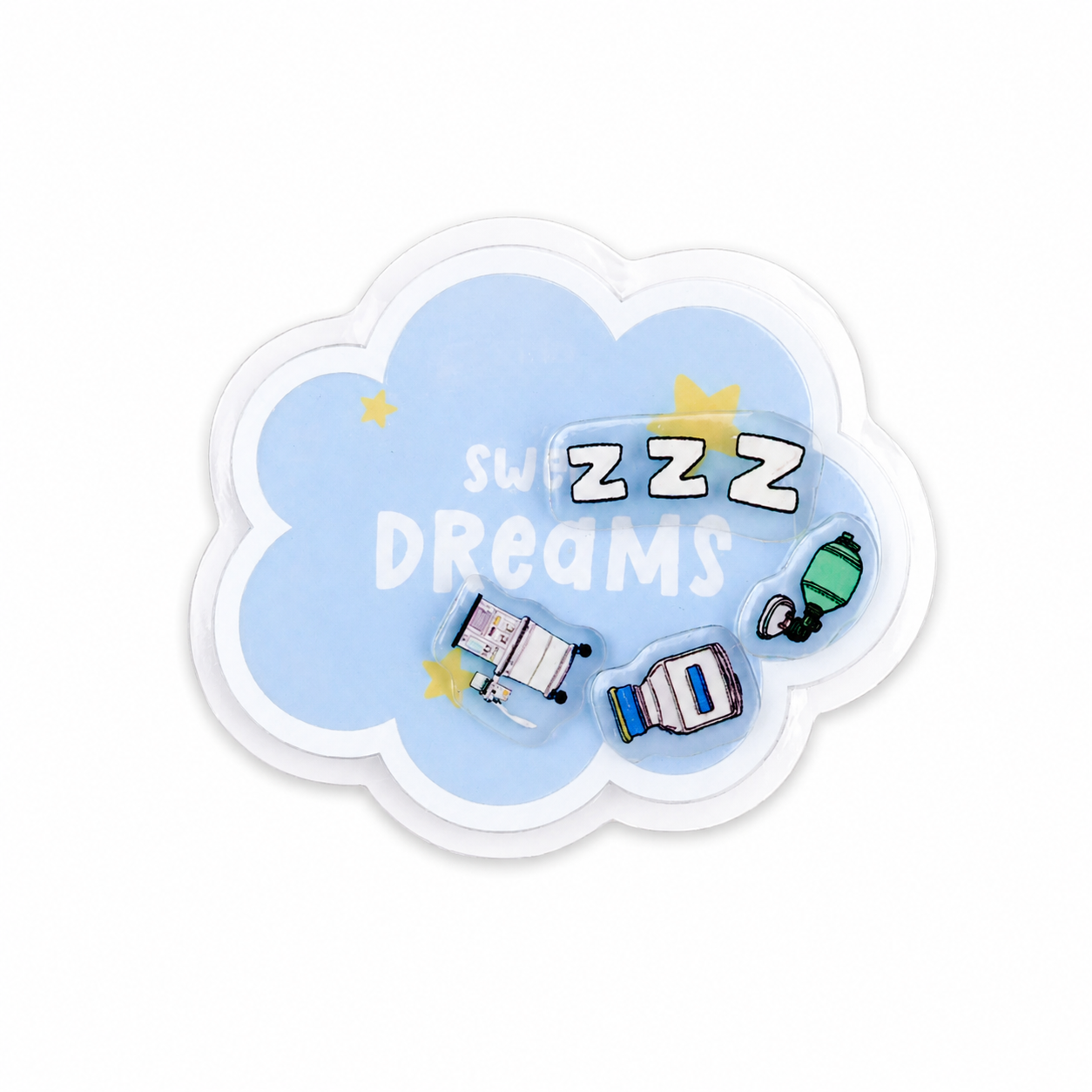 Sweet Dreams plastic shaker add-on featuring anesthesia-themed medical equipment, ZZZ sleep design, and cloud shape, compatible with interchangeable badge reel bases, perfect for CRNA and anesthesia healthcare workers