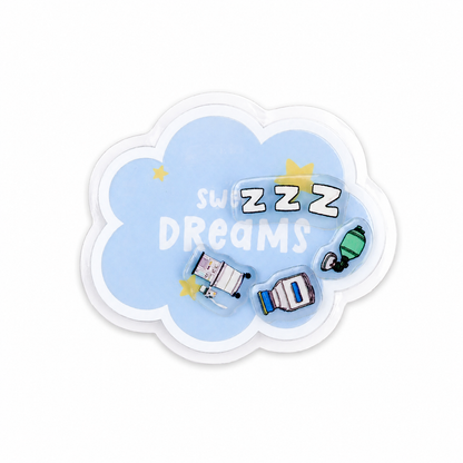 Sweet Dreams plastic shaker add-on featuring anesthesia-themed medical equipment, ZZZ sleep design, and cloud shape, compatible with interchangeable badge reel bases, perfect for CRNA and anesthesia healthcare workers
