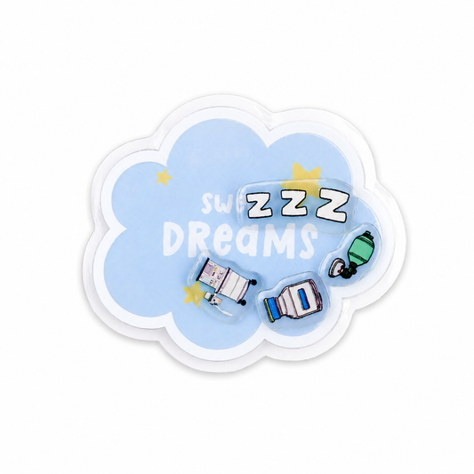 Sweet Dreams plastic shaker add-on featuring anesthesia-themed medical equipment, ZZZ sleep design, and cloud shape, compatible with interchangeable badge reel bases, perfect for CRNA and anesthesia healthcare workers