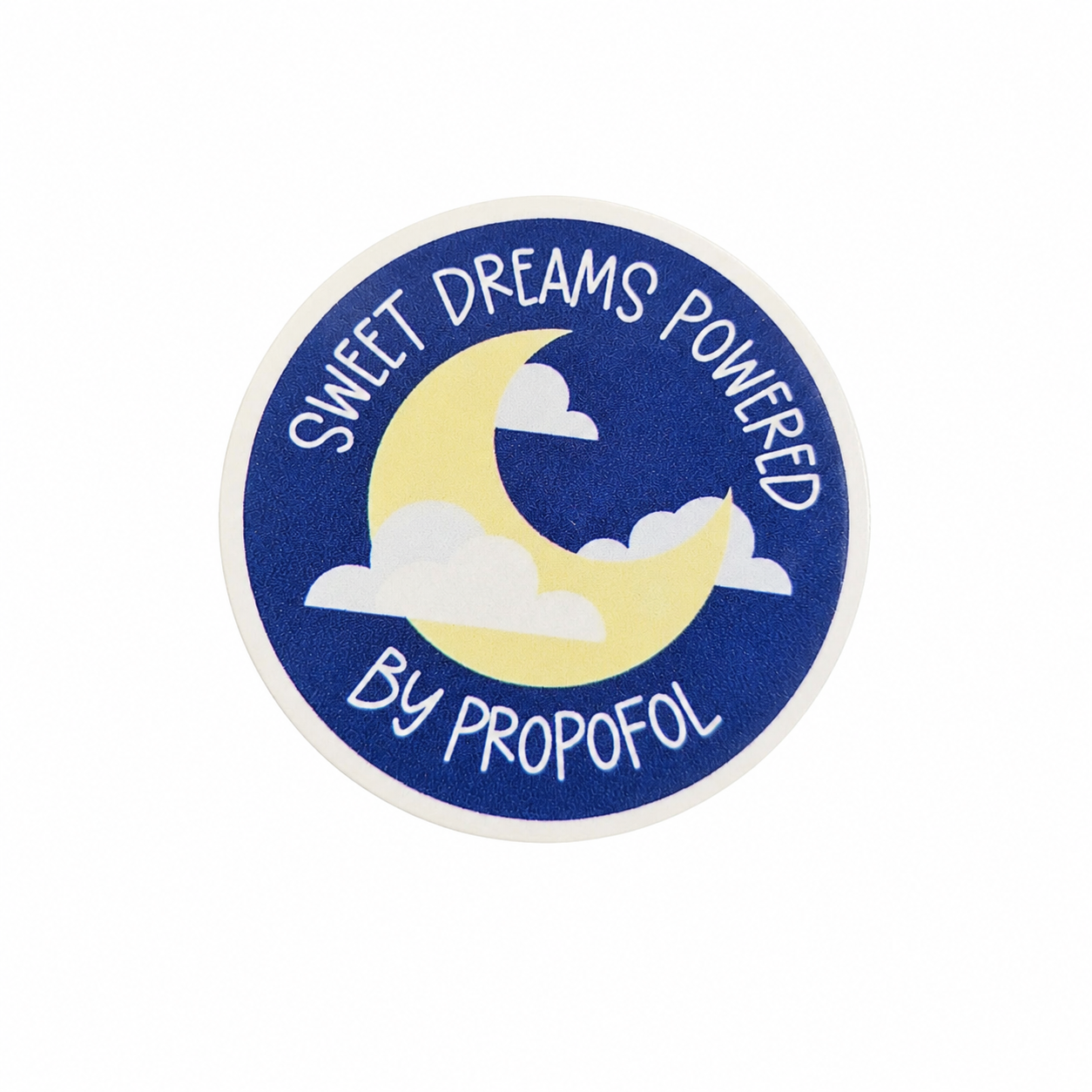 SWEET DREAMS POWERED By PROPOFOL plastic add-on with moon and clouds, compatible with interchangeable badge reel bases.