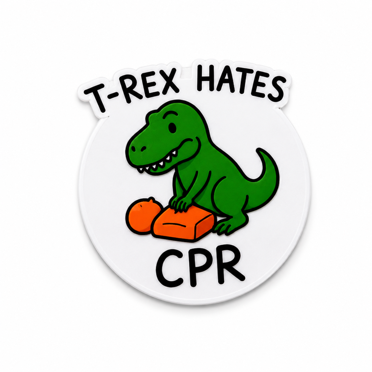 T-Rex Hates CPR plastic add-on featuring a funny dinosaur design for compatible interchangeable badge reel bases, cute healthcare worker accessory