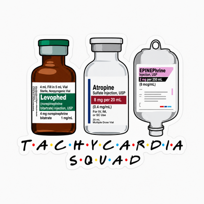 TACHYCARDIA SQUAD plastic add-on with medication bottle and IV-style designs, compatible with interchangeable badge reel bases for cardiology nurse badge accessory.