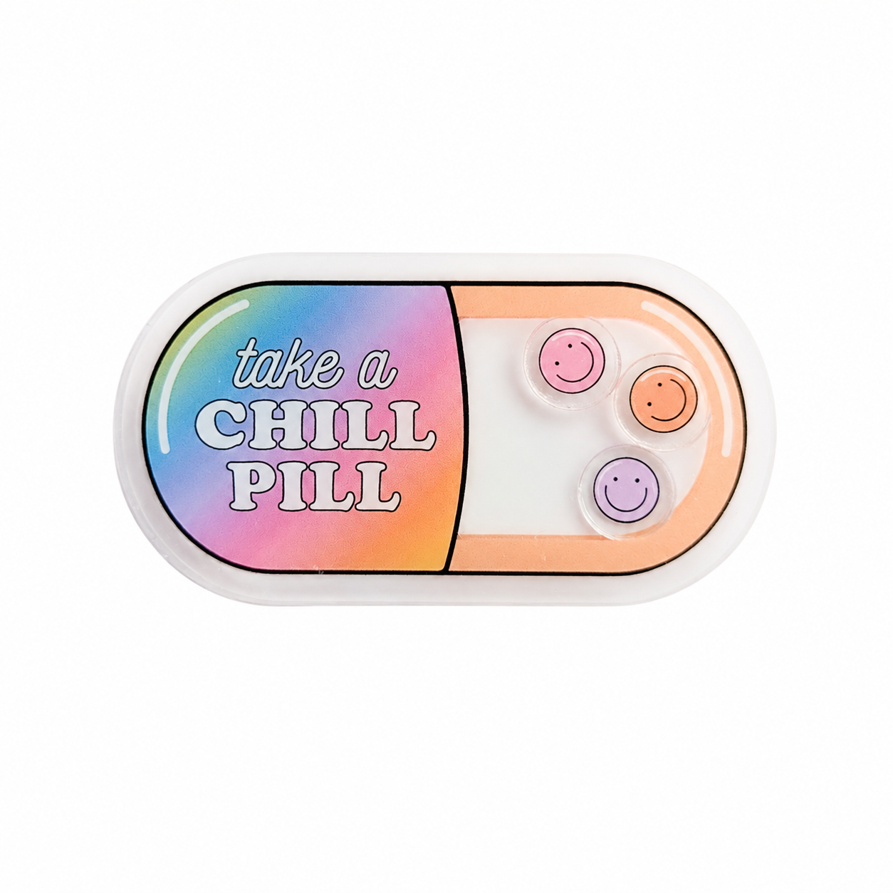 TAKE A CHILL PILL plastic shaker add-on featuring a colorful capsule with smiling shaker pieces, compatible with interchangeable badge reel bases and perfect as a funny mental health accessory