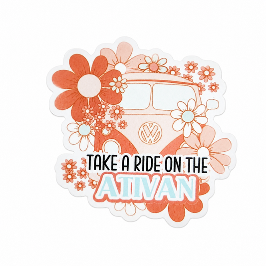 Take A Ride On The Ativan plastic add-on featuring a retro floral van design, compatible with interchangeable badge reel bases for mental health professionals.