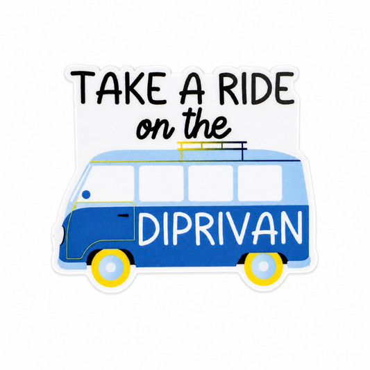 Take A Ride on the DIPRIVAN plastic add-on featuring a retro blue van design, compatible with interchangeable badge reel bases, funny anesthesia provider accessory.