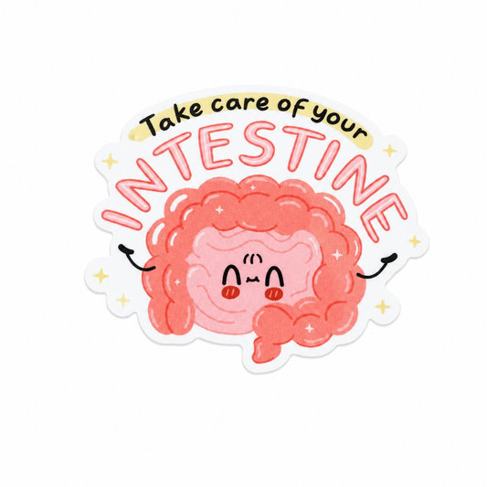 Take care of Your Intestine plastic add-on with cute smiling intestine design, compatible with interchangeable badge reel bases.
