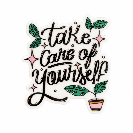 Take Care Of Yourself plastic add-on with hand-lettered text, leafy accents, pink stars, and potted plant, compatible with interchangeable badge reel bases.
