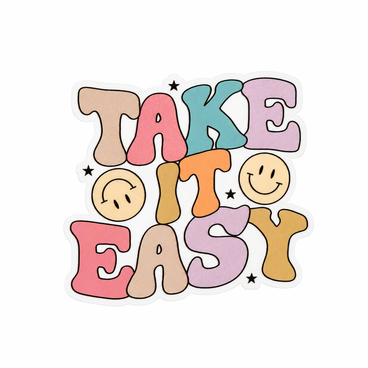 TAKE IT EASY plastic add-on with colorful retro letters and smiley faces, compatible with interchangeable badge reel bases.