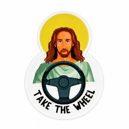 TAKE THE WHEEL plastic add-on featuring a steering wheel design, compatible with interchangeable badge reel bases and perfect for faith-inspired and relatable work accessories.