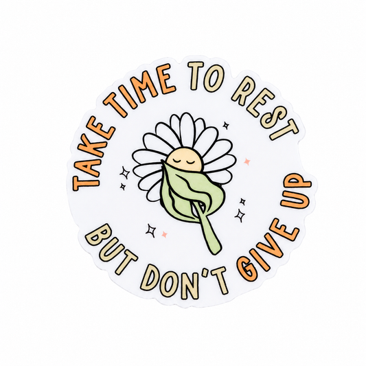 TAKE TIME TO REST BUT DON’T GIVE UP plastic add-on with smiling daisy and star details, compatible with interchangeable badge reel bases, inspirational work accessory.