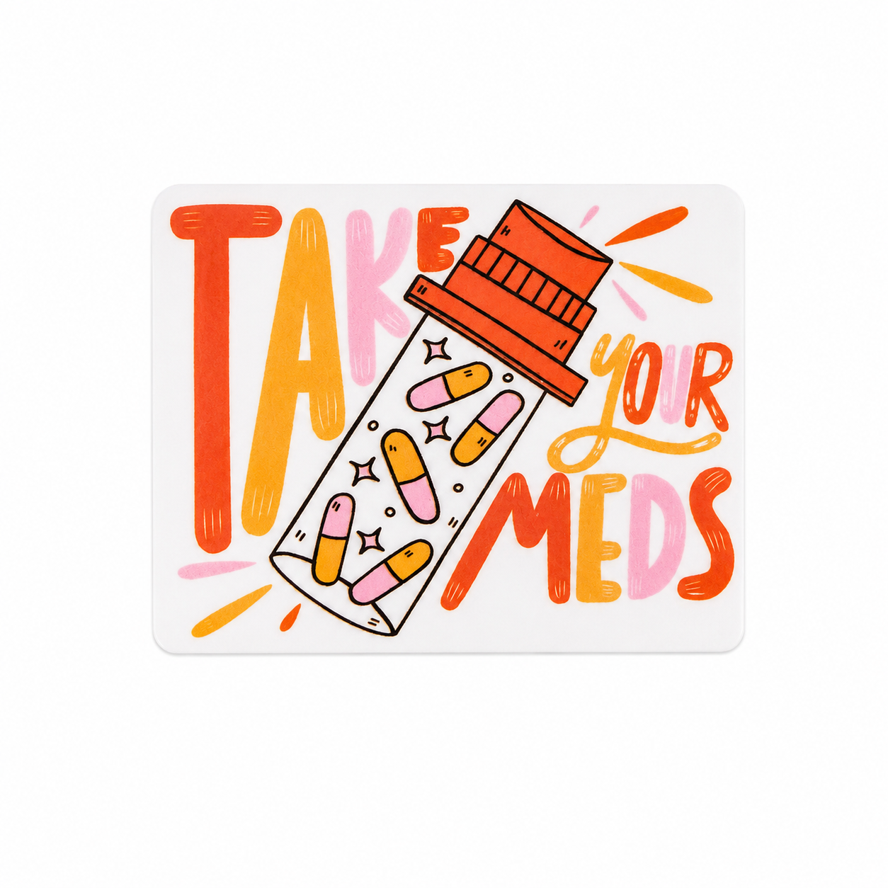 TAKE your MEDS plastic add-on with pill bottle, colorful medication capsules, and sparkle accents, compatible with interchangeable badge reel bases.