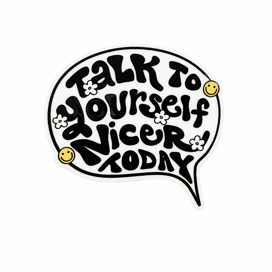 Talk To Yourself Nicer Today plastic add-on with speech bubble, flowers, and smiley faces, compatible with interchangeable badge reel bases and mental health accessories.
