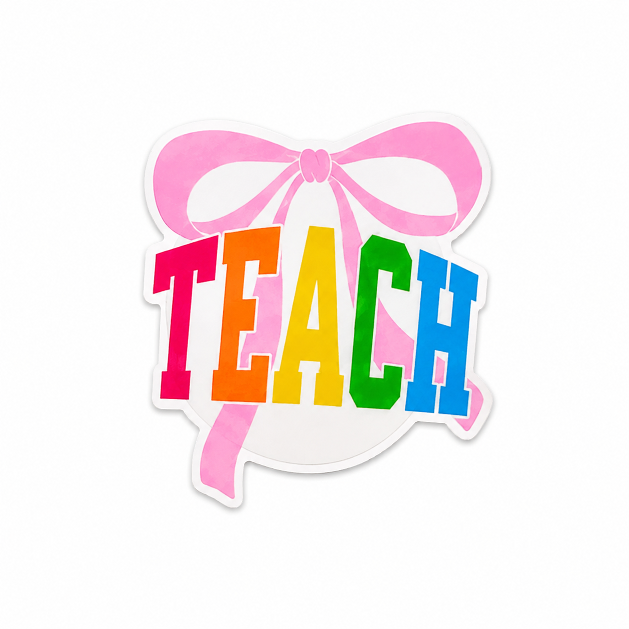 Rainbow teach plastic add-on with pink bow detail compatible with interchangeable badge reel bases for teachers and healthcare workers
