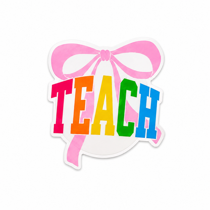 Rainbow teach plastic add-on with pink bow detail compatible with interchangeable badge reel bases for teachers and healthcare workers