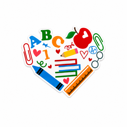 Teacher classroom heart plastic add-on with colorful school supplies design compatible with interchangeable badge reel bases