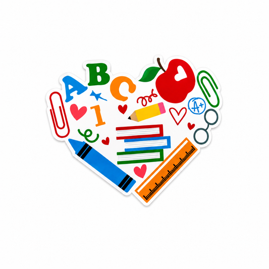 Teacher classroom heart plastic add-on with colorful school supplies design compatible with interchangeable badge reel bases
