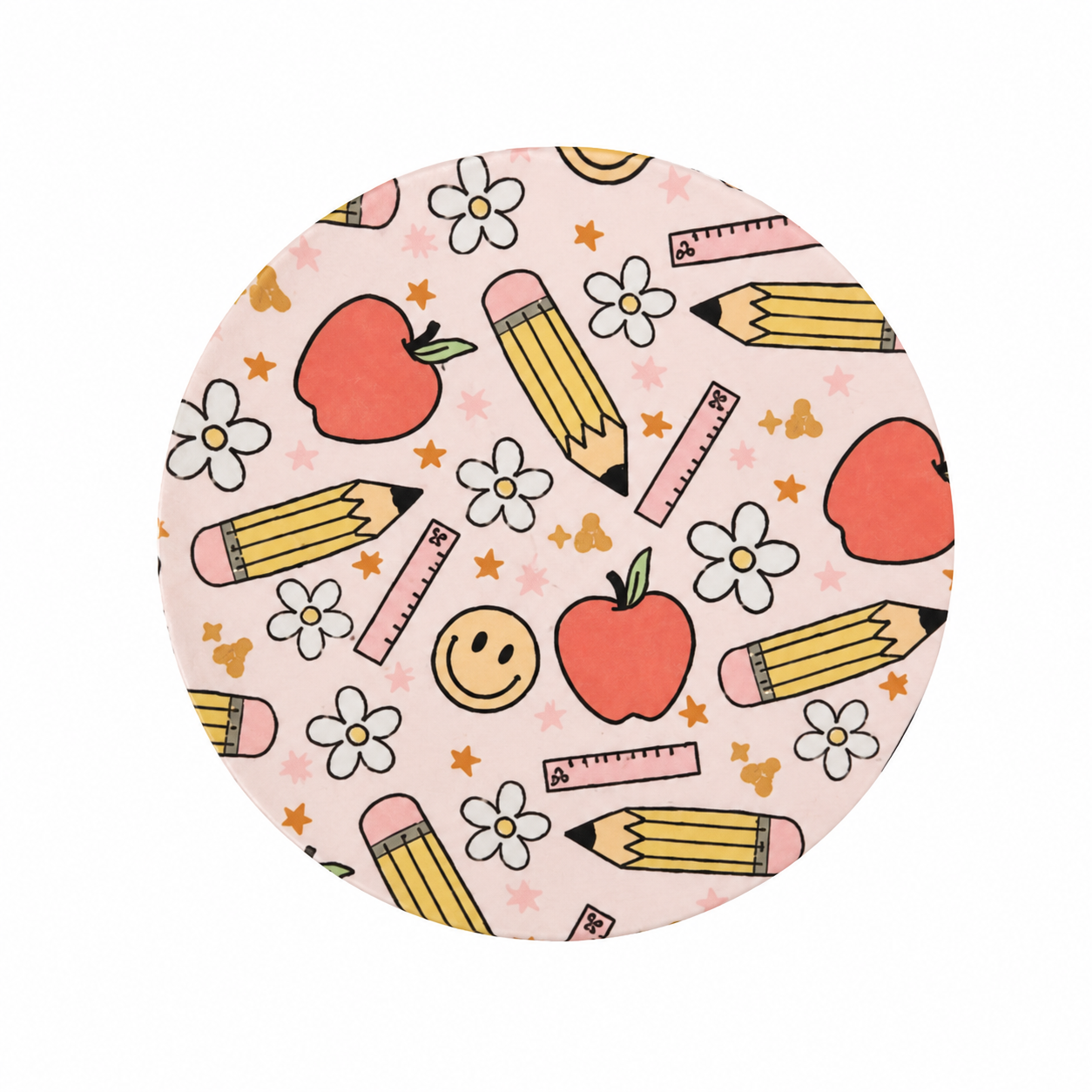 Teacher Essentials hard board add-on featuring apples, pencils, rulers, smiley faces, and daisies, compatible with interchangeable badge reel bases.
