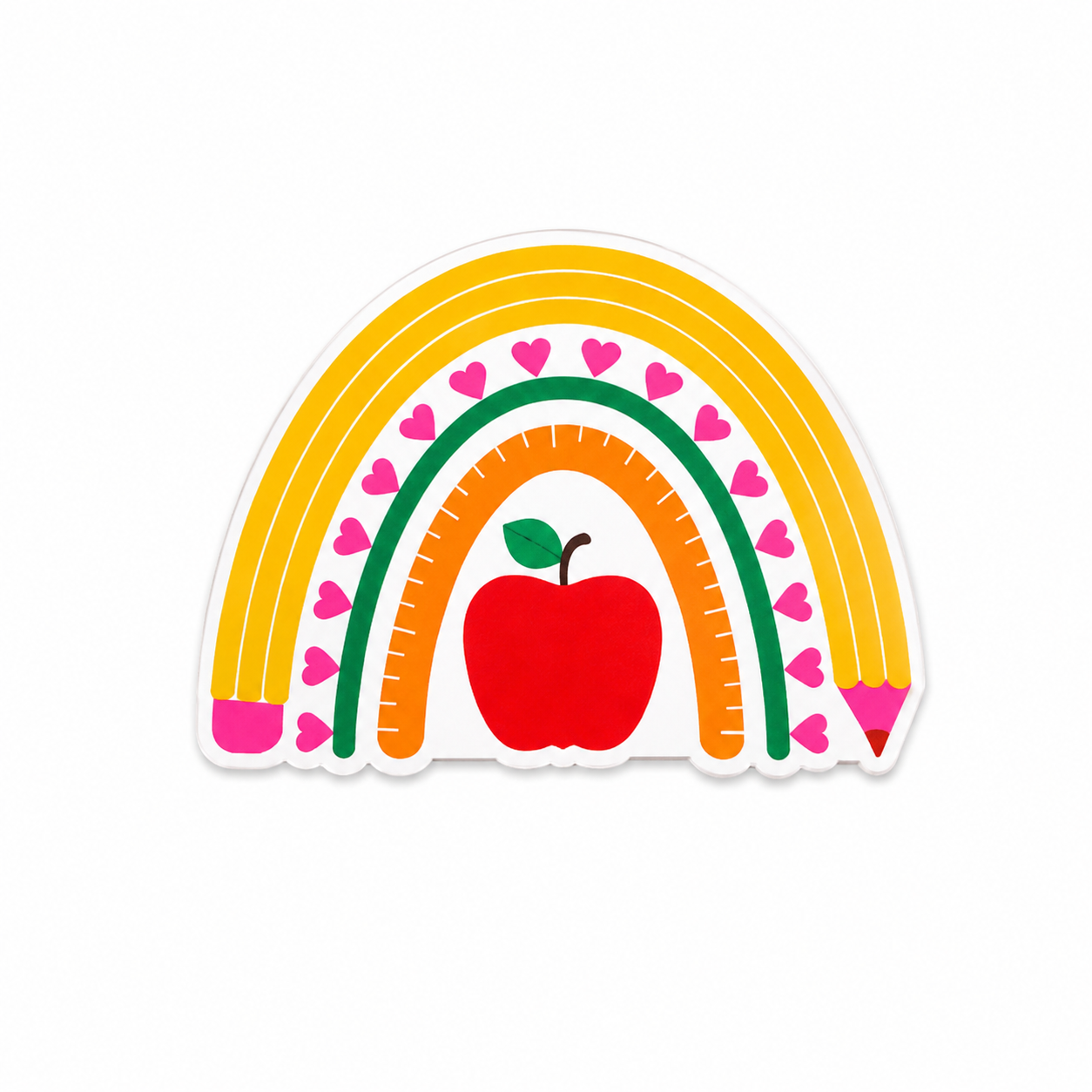 Teacher rainbow apple plastic add-on with colorful hearts and rainbow design compatible with interchangeable badge reel bases