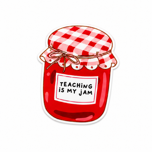 Teaching Is My Jam plastic add-on featuring a red jam jar design compatible with interchangeable badge reel bases for teachers and healthcare workers