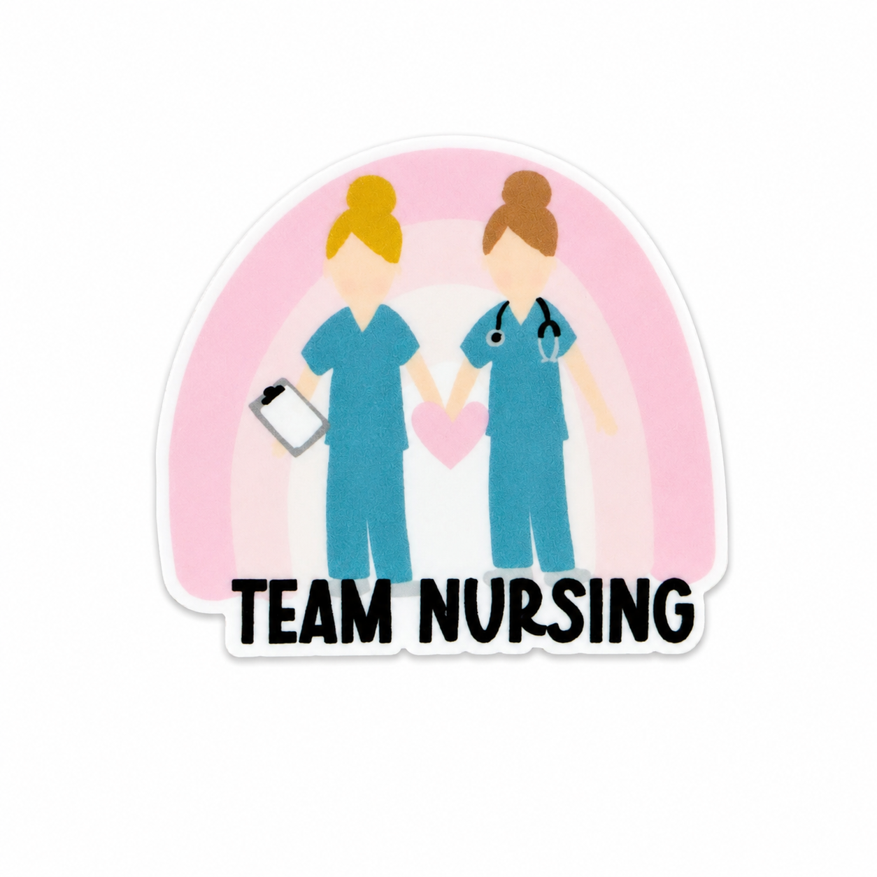 Team Nursing plastic add-on featuring two nurses holding a heart with a pastel rainbow background, compatible with interchangeable badge reel bases and perfect as a nurse badge accessory and healthcare worker accessory