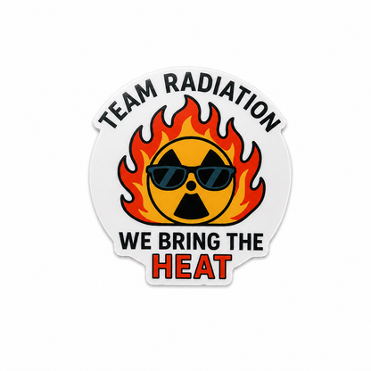 Team Radiation We Bring the Heat plastic add-on with flame, sunglasses, and radiation symbol design, made as a funny radiation oncology healthcare accessory compatible with interchangeable badge reel bases