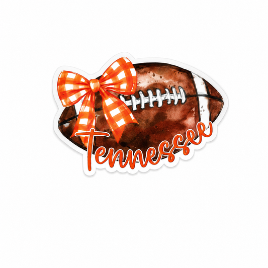 Tennessee football plastic add-on with orange checkered bow and watercolor football design compatible with interchangeable badge reel bases