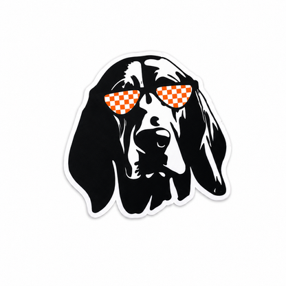 Black dog plastic add-on wearing orange checkerboard sunglasses, sporty aesthetic work badge accessory compatible with interchangeable badge reel bases