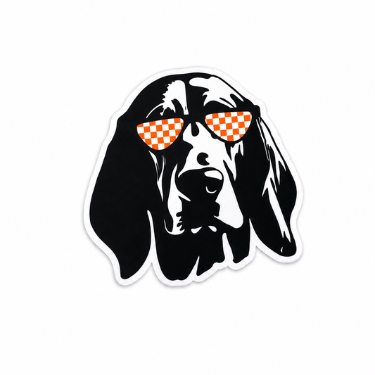 Black dog plastic add-on wearing orange checkerboard sunglasses, sporty aesthetic work badge accessory compatible with interchangeable badge reel bases