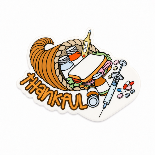 Thankful plastic add-on featuring a fall cornucopia with medical supplies, syringe, pills, and thermometer, compatible with interchangeable badge reel bases.