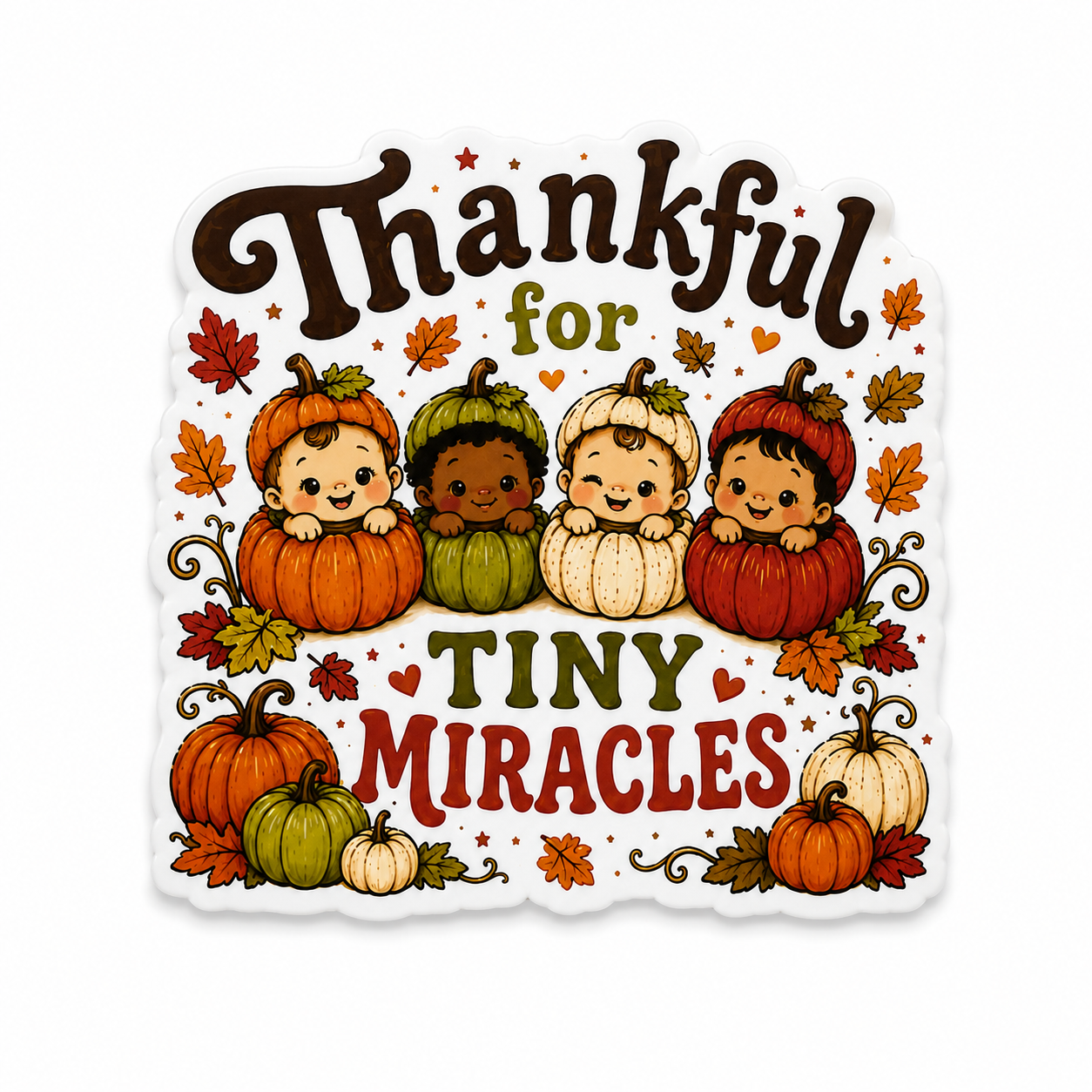 Thankful for TINY MIRACLES plastic add-on with cute babies in pumpkins and fall leaves, compatible with interchangeable badge reel bases.
