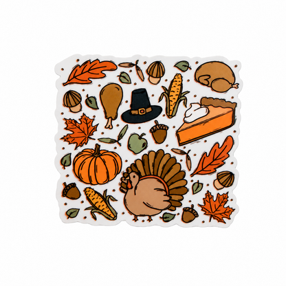 Thanksgiving fall pattern plastic add-on with pumpkins, turkey, pie, leaves, and acorns, compatible with interchangeable badge reel bases.