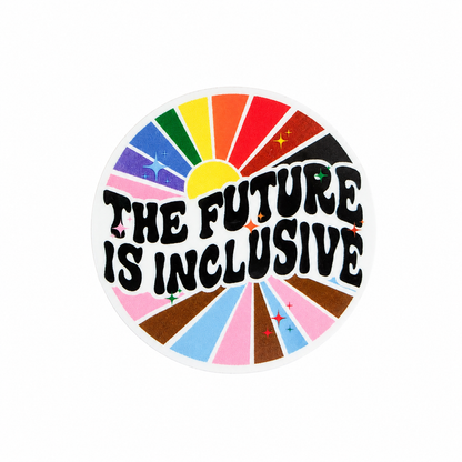 The Future Is Inclusive plastic add-on featuring a colorful retro rainbow sunburst design, compatible with interchangeable badge reel bases, inspirational diversity and inclusion accessory