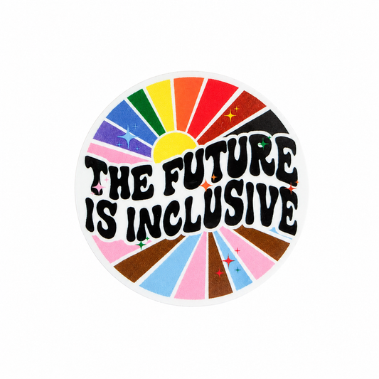 The Future Is Inclusive plastic add-on featuring a colorful retro rainbow sunburst design, compatible with interchangeable badge reel bases, inspirational diversity and inclusion accessory