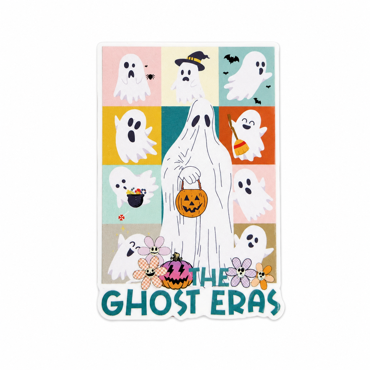 Plastic add-on featuring the text "THE GHOST ERAS" with cute ghosts, pumpkins, candy, flowers, and Halloween elements, compatible with interchangeable badge reel bases.