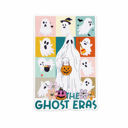 Plastic add-on featuring the text "THE GHOST ERAS" with cute ghosts, pumpkins, candy, flowers, and Halloween elements, compatible with interchangeable badge reel bases.