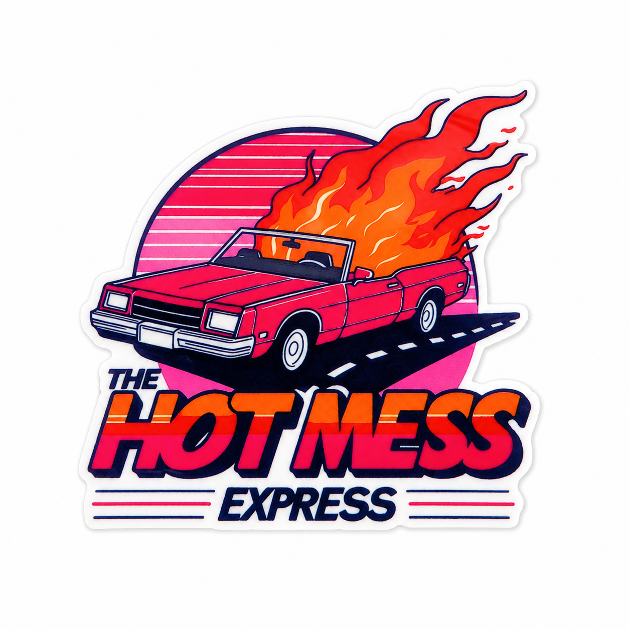 The Hot Mess Express plastic add-on featuring a retro pink car on fire with vintage-inspired graphics, compatible with interchangeable badge reel bases, funny coworker gift and work badge accessory.