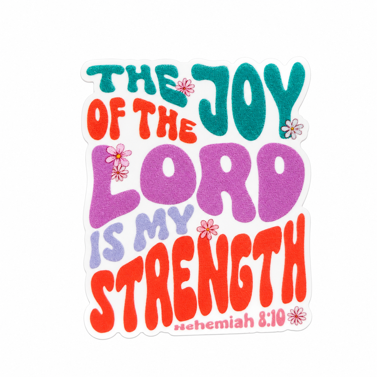 THE JOY OF THE LORD IS MY STRENGTH plastic add-on with colorful floral scripture design, compatible with interchangeable badge reel bases.