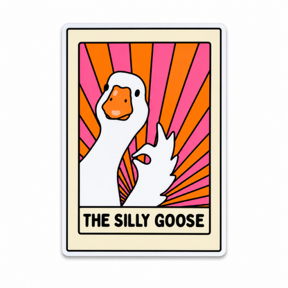 The Silly Goose plastic add-on featuring a goofy white goose with a retro pink and orange sunburst background, compatible with interchangeable badge reel bases, funny animal accessory.