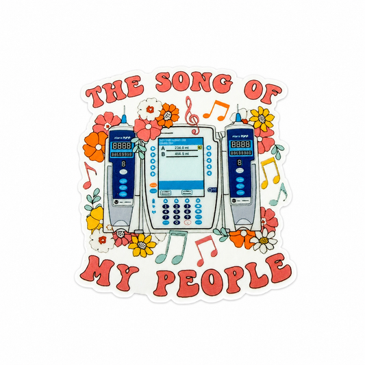 THE SONG OF MY PEOPLE plastic add-on featuring IV infusion pumps, colorful flowers, and music notes, compatible with interchangeable badge reel bases, funny nurse accessory and healthcare worker badge topper