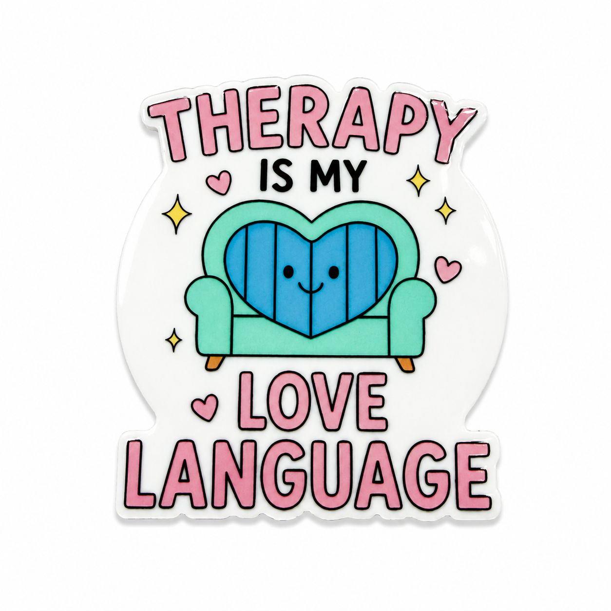 Plastic add-on featuring a heart-shaped couch and the phrase "THERAPY IS MY LOVE LANGUAGE," compatible with interchangeable badge reel bases and ideal for therapists and mental health professionals