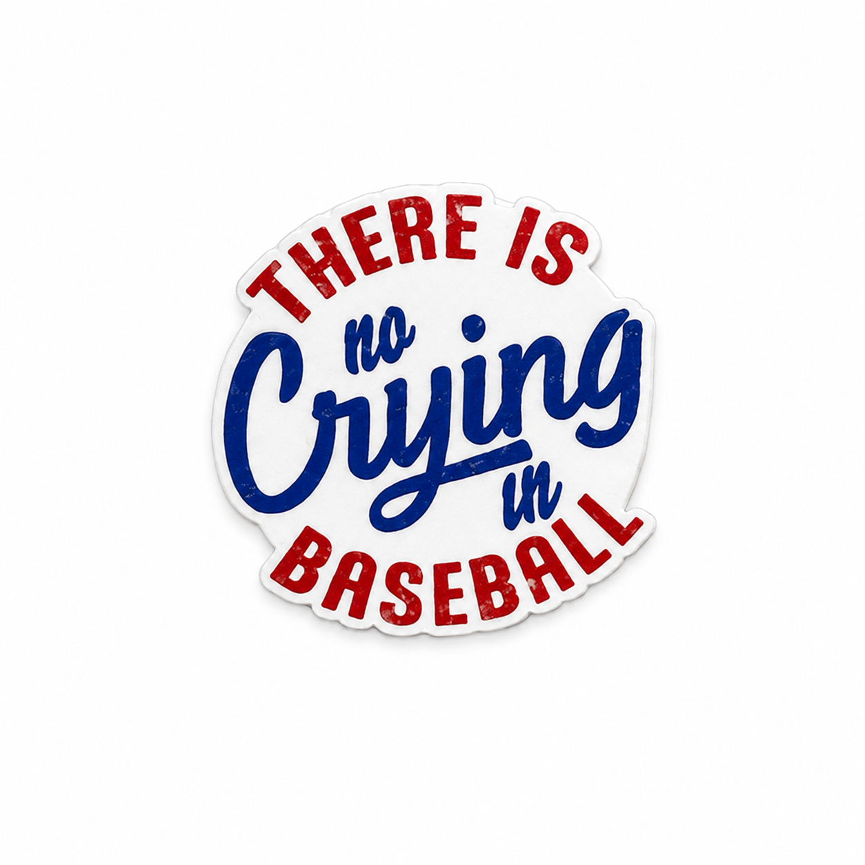 There Is No Crying In Baseball plastic add-on featuring a retro red, white, and blue baseball design, compatible with interchangeable badge reel bases and perfect for baseball fans and healthcare workers