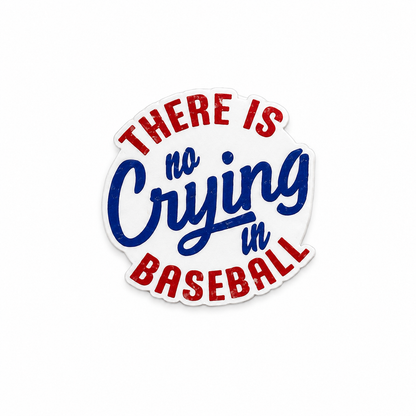 There Is No Crying In Baseball plastic add-on featuring a retro red, white, and blue baseball design, compatible with interchangeable badge reel bases and perfect for baseball fans and healthcare workers