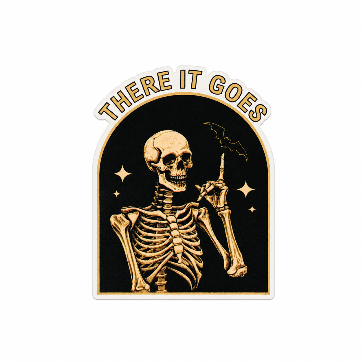 THERE IT GOES plastic add-on featuring a vintage skeleton with a gothic spooky design, compatible with interchangeable badge reel bases and perfect for dark humor lovers
